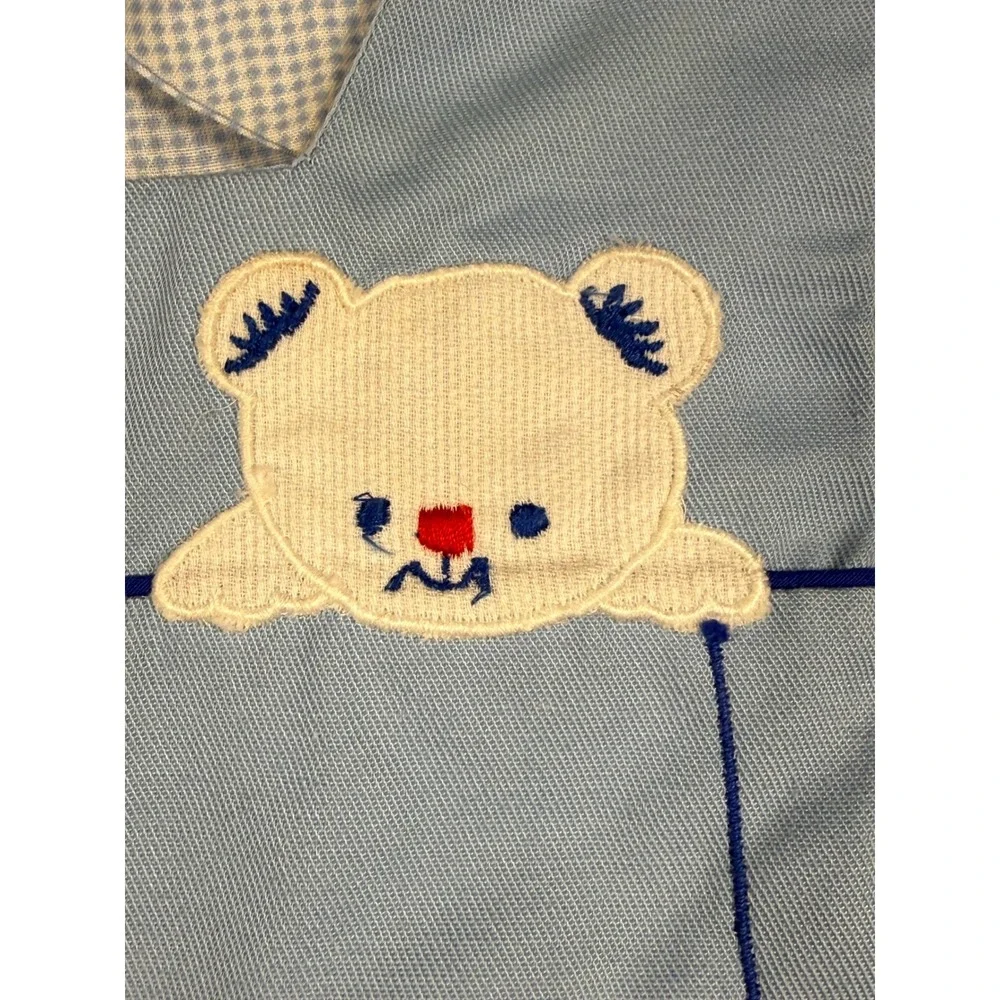 Vintage Baby Boy Blue Gingham Shirt and Fishing Bear Embroidered Romper Set 12M